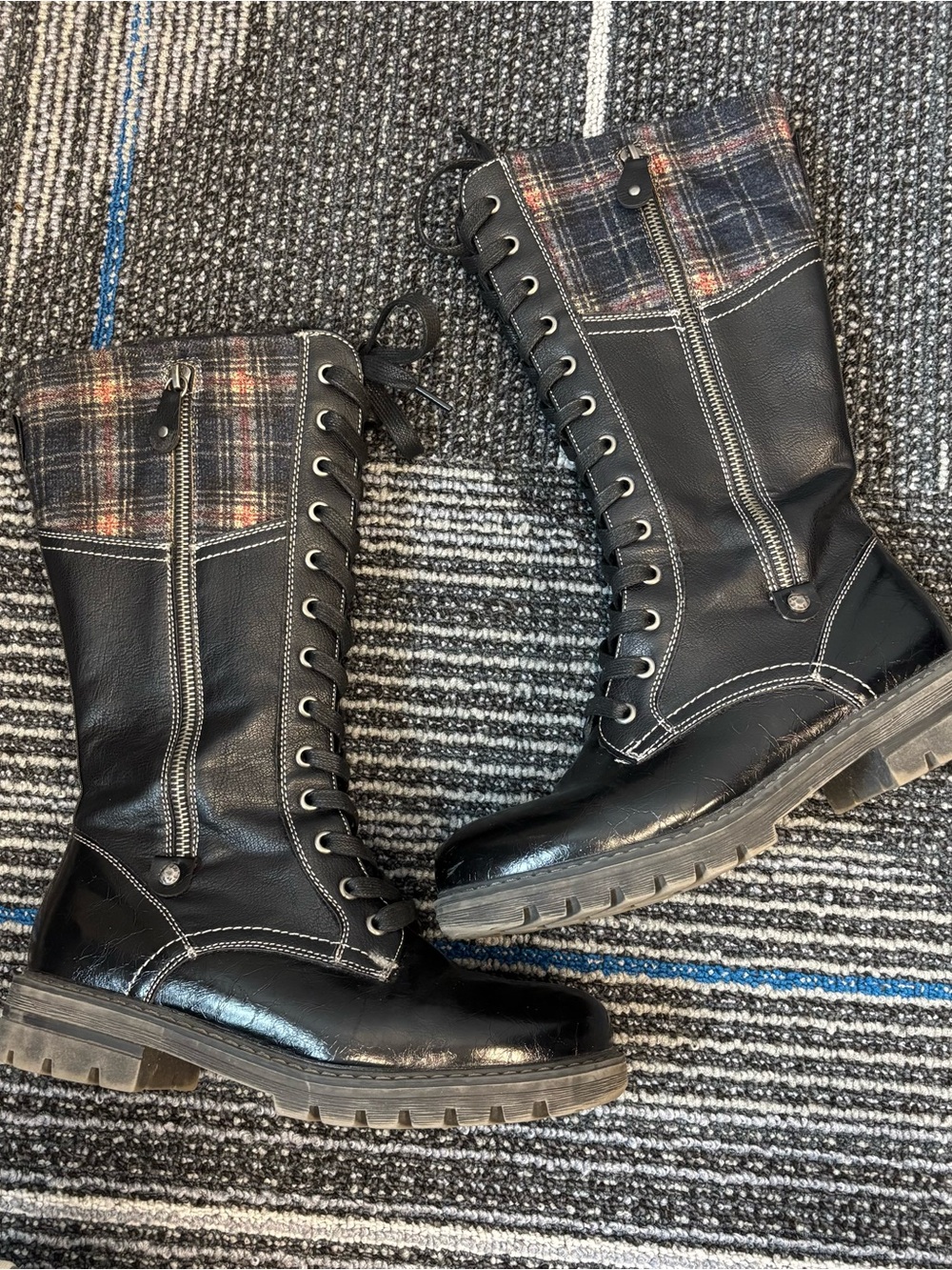 PATRIZIA by spring step Black Lace-Up Combat Boots with Plaid Shaft Accent 8
